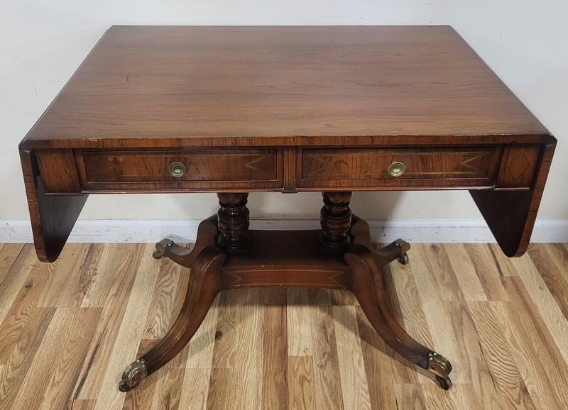 19th C ENGLISH Regency Carved & Brass Inlaid Rosewood Drop Leaf SOFA TABLE Desk gallery