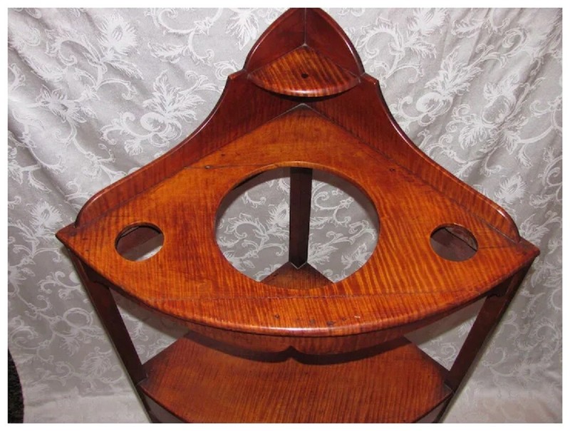 Antique American Federal Tiger Maple Corner WashStand Circa 1810 gallery