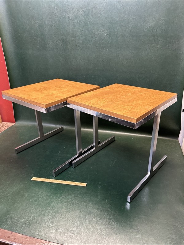 PAIR OF Mid Century Modern Side Chrome & Wood Top Tables 16" X 17" X 17" Tall gallery