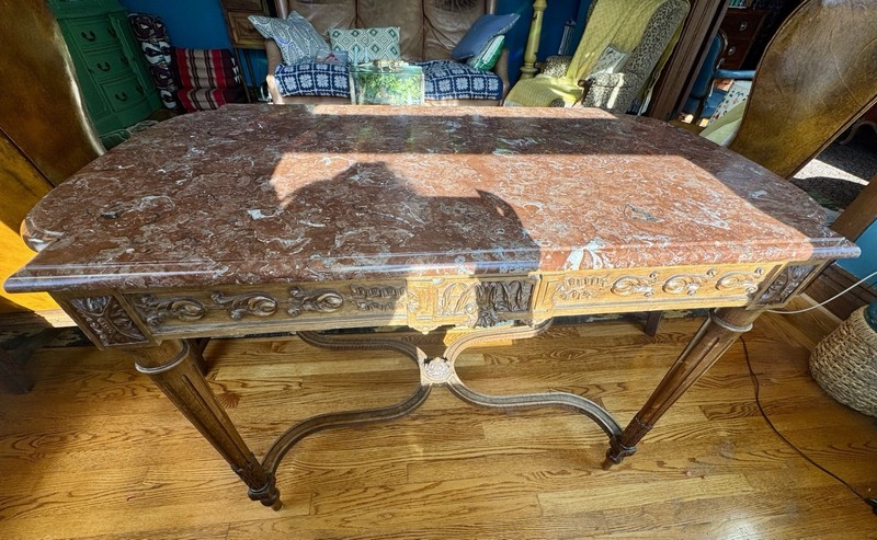 Vintage solid wood hand carved table with marble top gallery