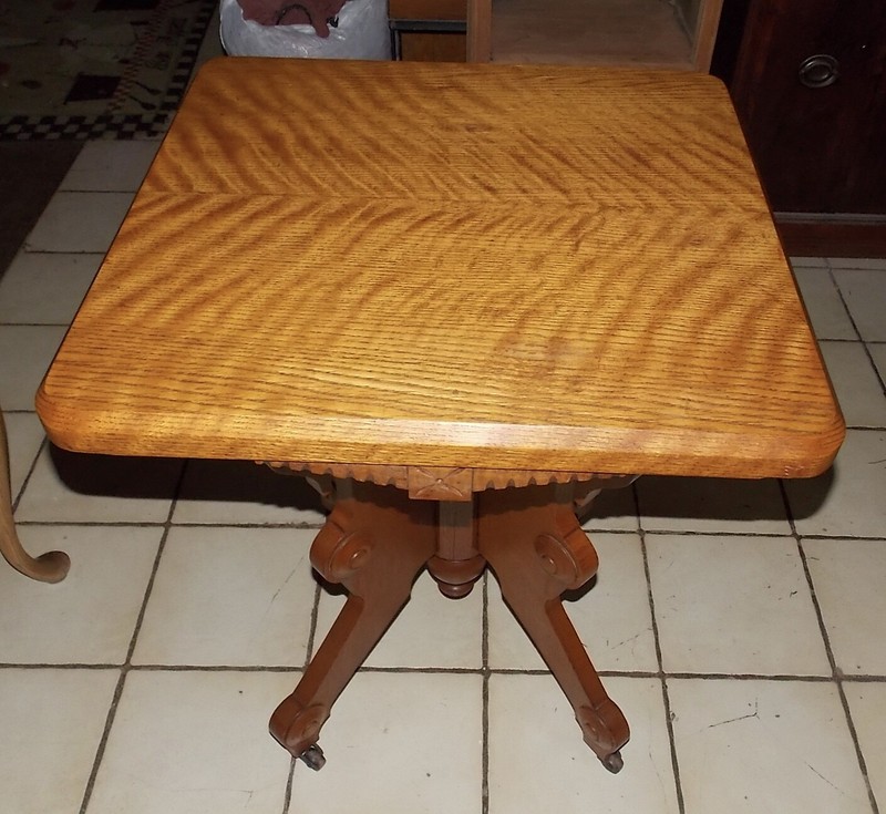 Solid Quartersawn Oak 2 Board Book Matched Top Carved Eastlake Lamp Table (T31)