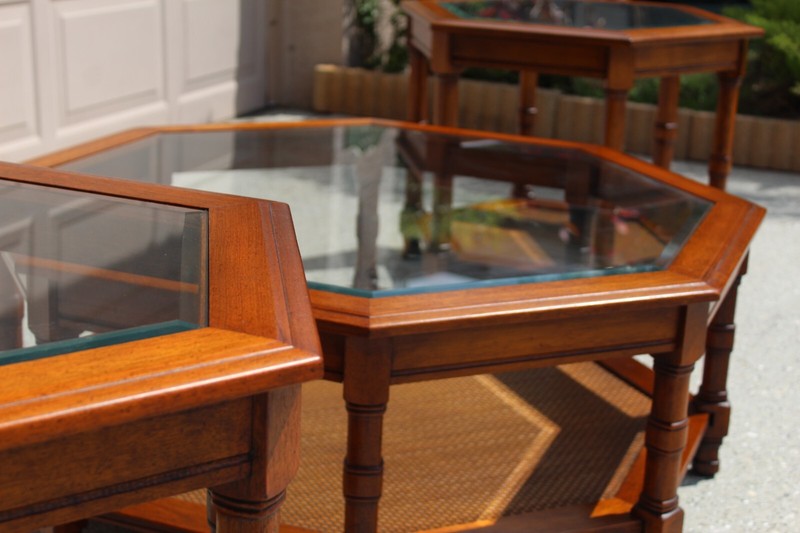 Mid-Century Modern Walnut Octagonal Glass Top & Cane Coffee Table + 2 Matching gallery