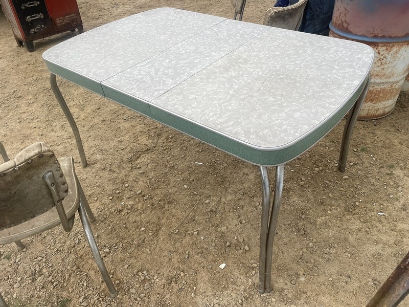 Vintage 1950s chrome and formica kitchen table with extra leaf and four chairs gallery