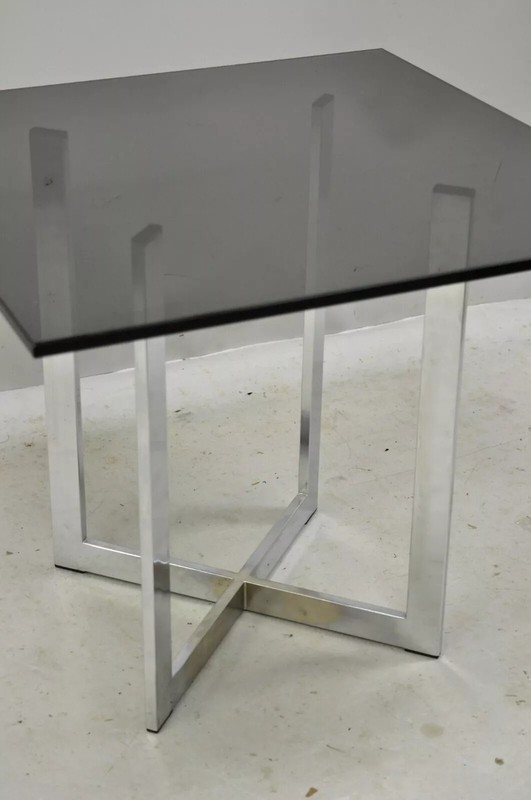 Mid 20th Century Chrome X-Frame Smoked Glass Barcelona Style Side End Table gallery