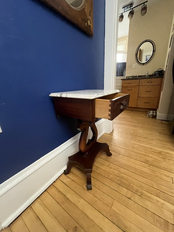 Hand Carved Mahogany Table, Italian Marble Top Circa 1940-1950 gallery