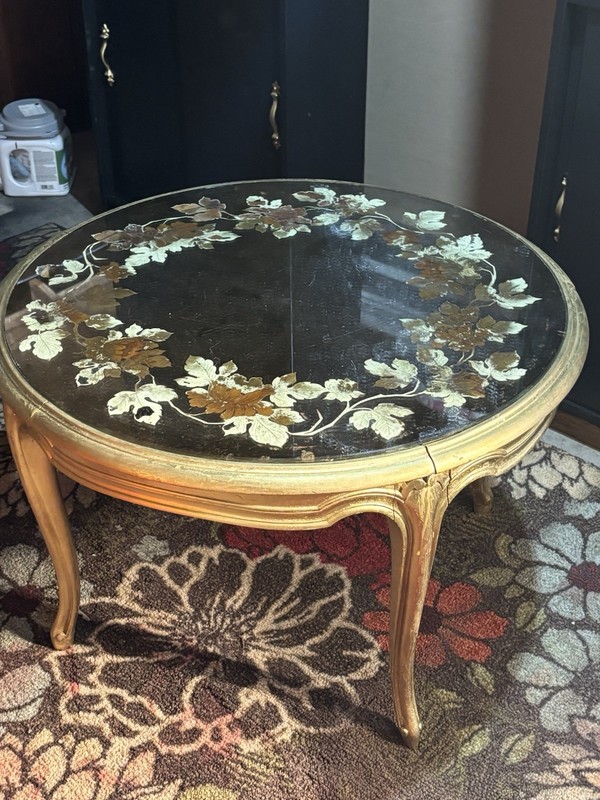 Antique Victorian Round Gold Coffee Table Floral Glass Top Wood Carvings gallery