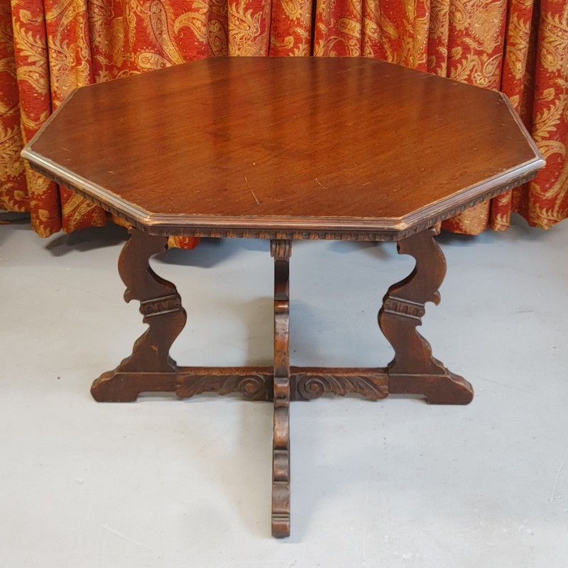 Antique Octagon Wood Center Table Carved Walnut Jacobean Renaissance Card Game gallery