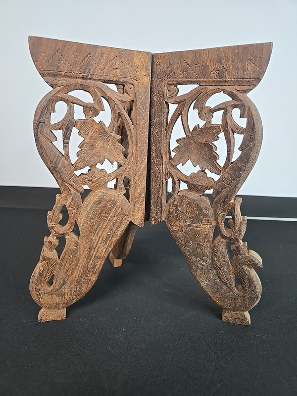 Vintage Hand Carved Wooden Folding 3 Leg Plant Stand Please READ DESCRIPTION gallery