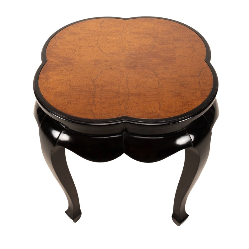 Vintage Chinoiserie End Table Burlwood Black Lacquer Pan Asian Accent Side Table