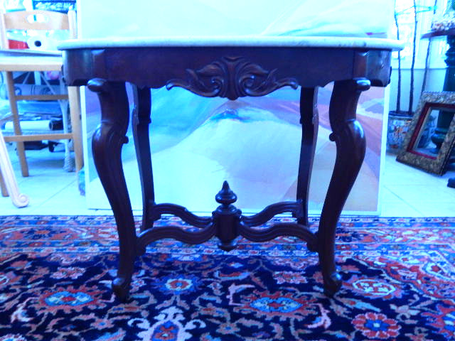 Antique Carved Mahogany Marble Top Table 28" H x 38"L x 24"D gallery