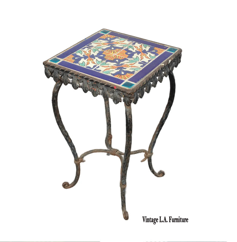 Vintage Spanish Revival Wrought Iron Side Table with Mosaic Tile Top