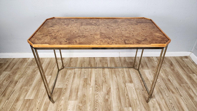 Mid Century Burl & Chrome Table Large Hexagonal Hollywood Regency Milo Baughman