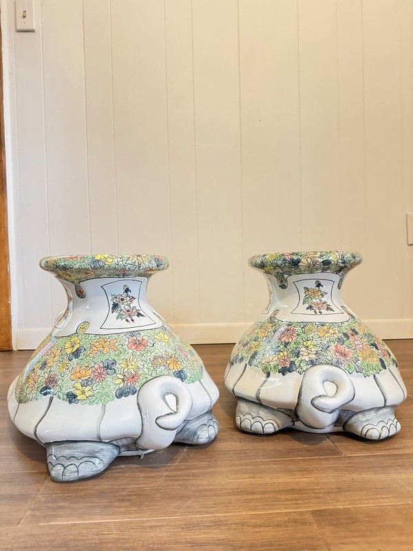 RARE! Set Of 2 MCM Hollywood Regency, Hand Painted Turtle Garden Tables gallery