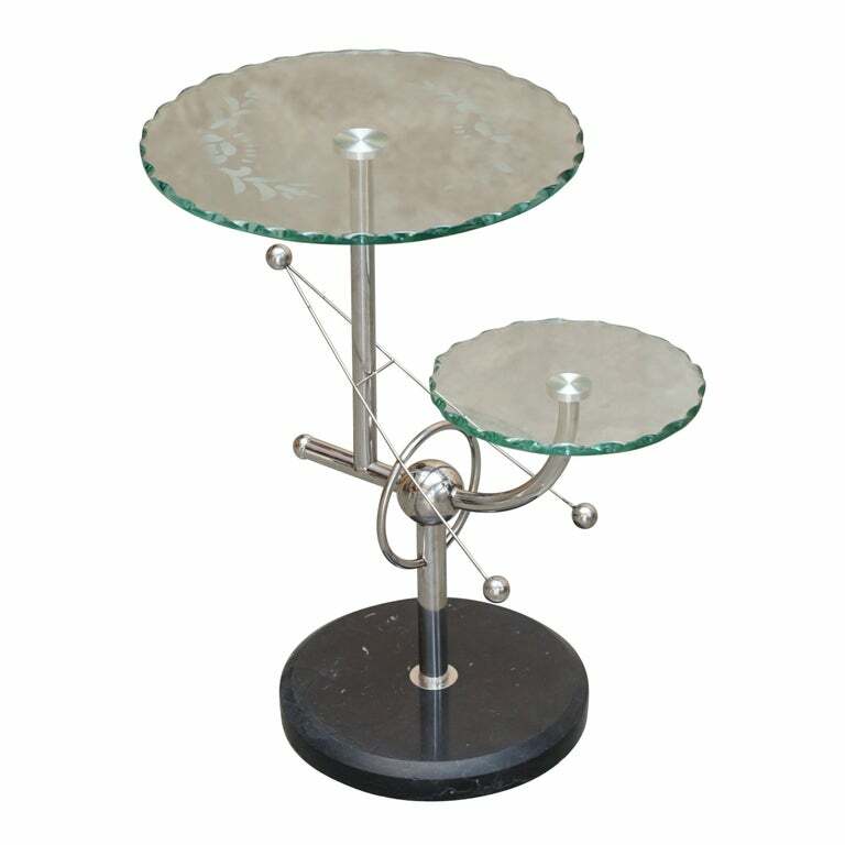 MID CENTURY MODERN ATOMIC SPACE AGE CHROME GLASS & MARBLE SIDE END LAMP TABLE