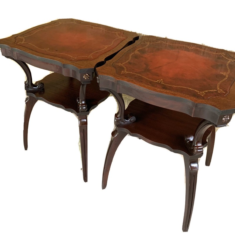Rare Pair 1940s Mahogany Spider Leg Two Tier End Tables Gold Tooled Leather Tops gallery