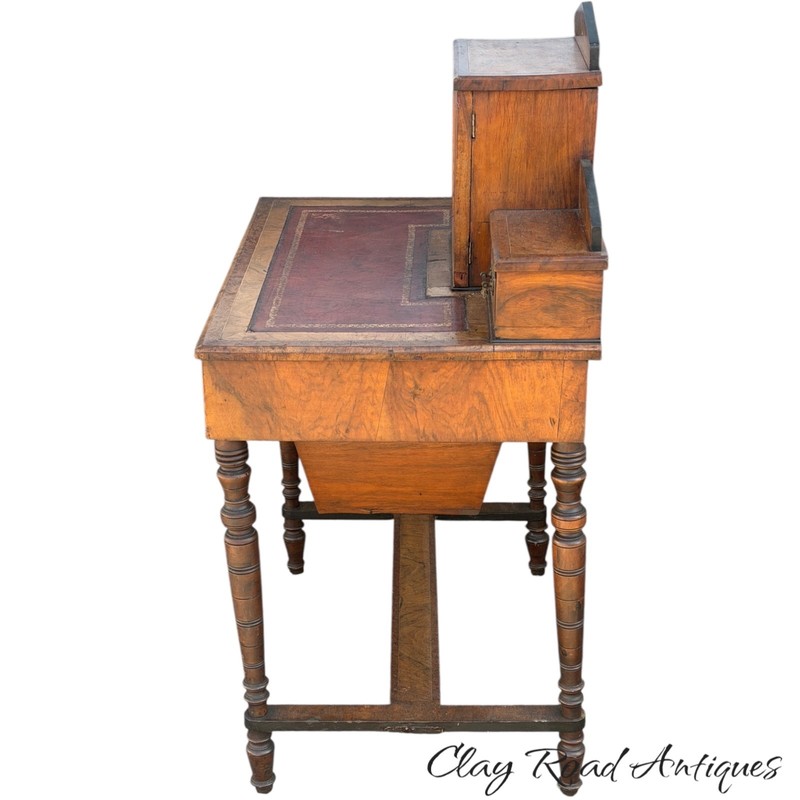 Antique victorian rosewood burl sewing table work stand leather top ladies gallery
