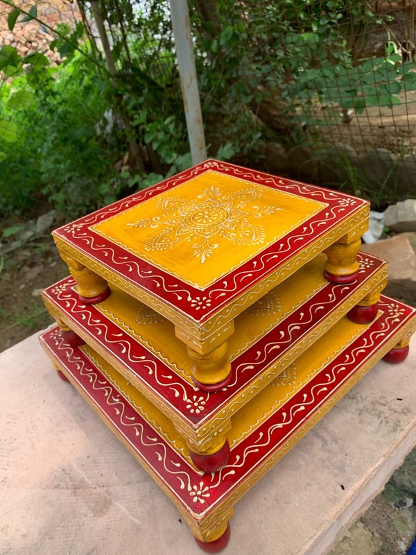 Wooden Chowki Set Indian Traditional Painted Bajot Handmade Decorative Stool gallery