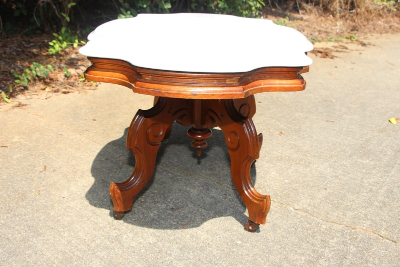 Walnut Victorian Renaissance Revival Marble Turtle Top Coffee Table ~ Ca.1870 gallery
