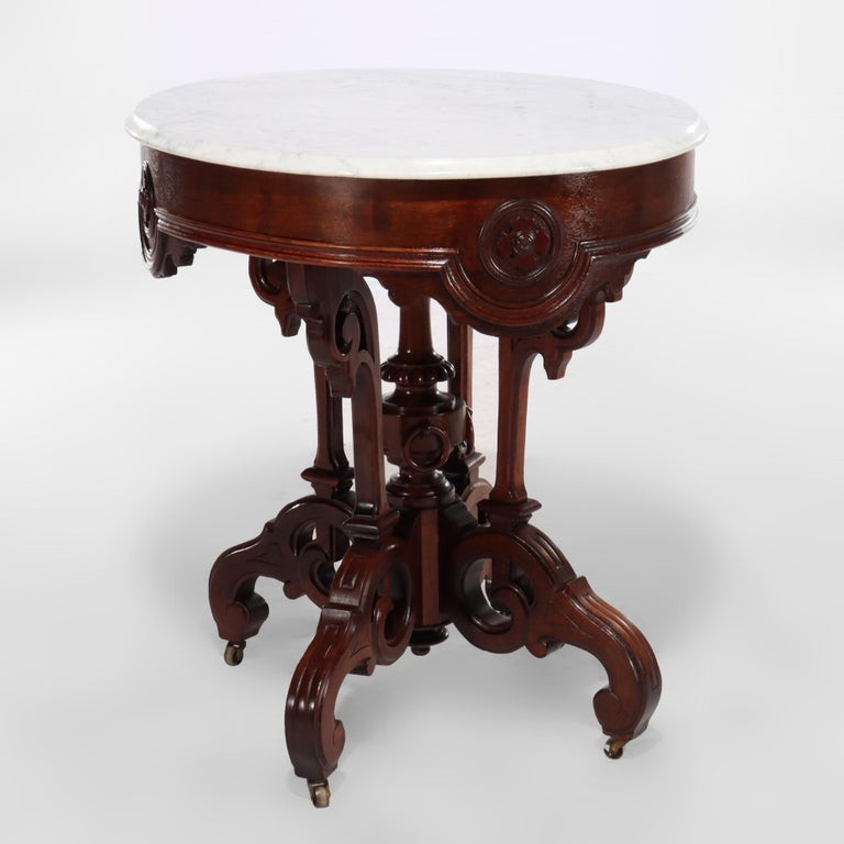 Antique Renaissance Revival Carved Walnut, Rosewood & Marble Parlor Table C1890 gallery