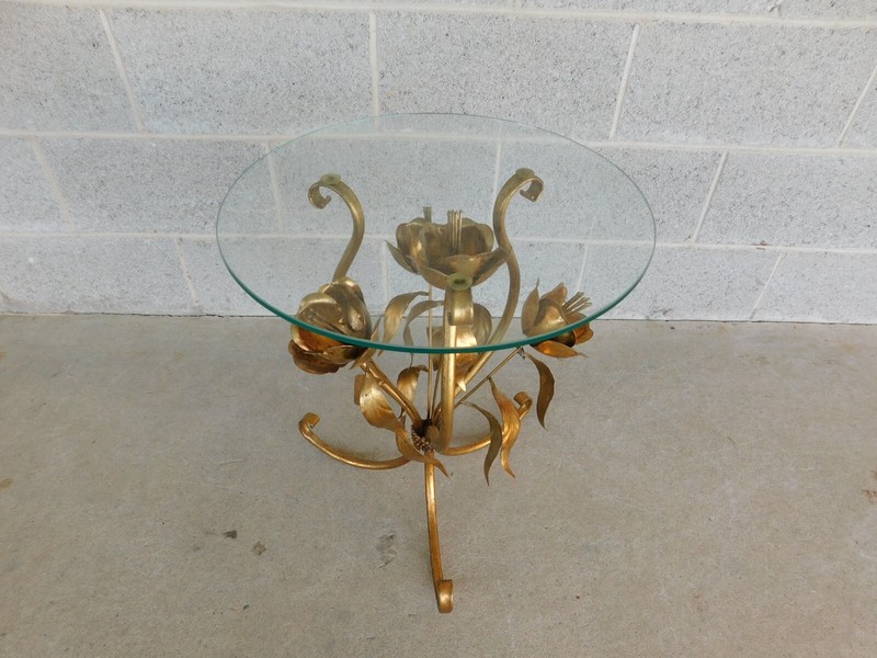 Italian Regency Gilt Gold Metal Base Round Glass Top Accent Table gallery