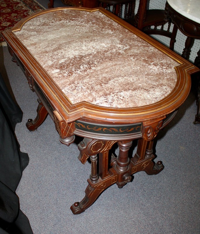Antique Marble Top Louis XVI Double Sided Parlor Table. Carvings, Finials. 1865 gallery