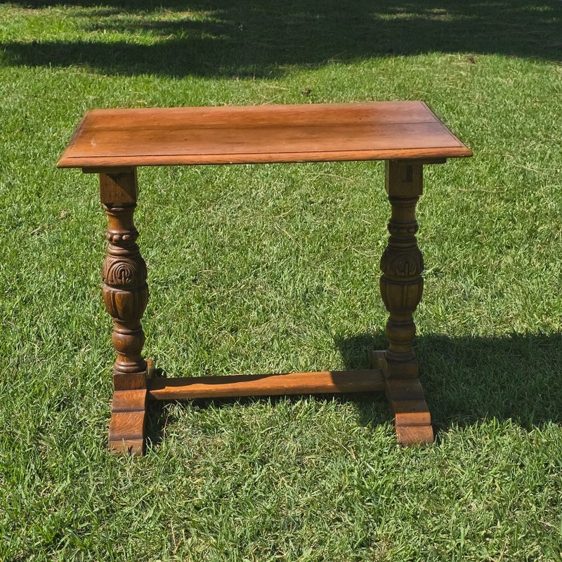 Antique Refectory Trestle Table Tiger Oak 1920s Jacobean Carved Small Desk 24"H gallery
