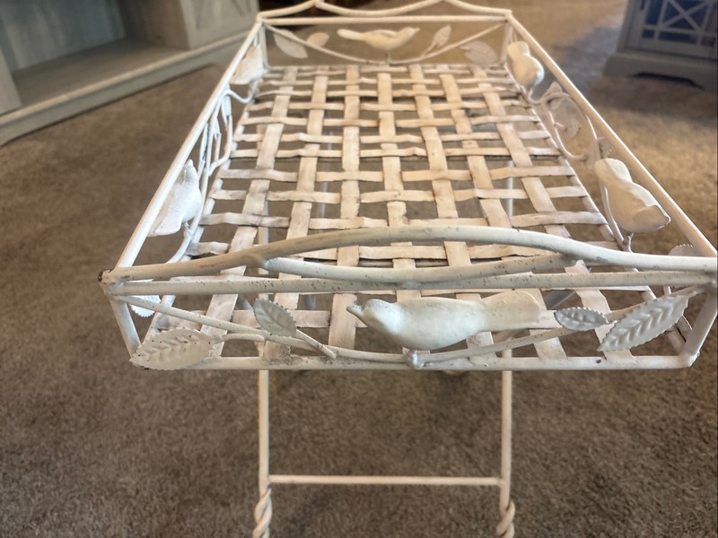 VTG Fold Up Wrought Iron Patio Side Table Garden Plant Stand airy lattice Top gallery