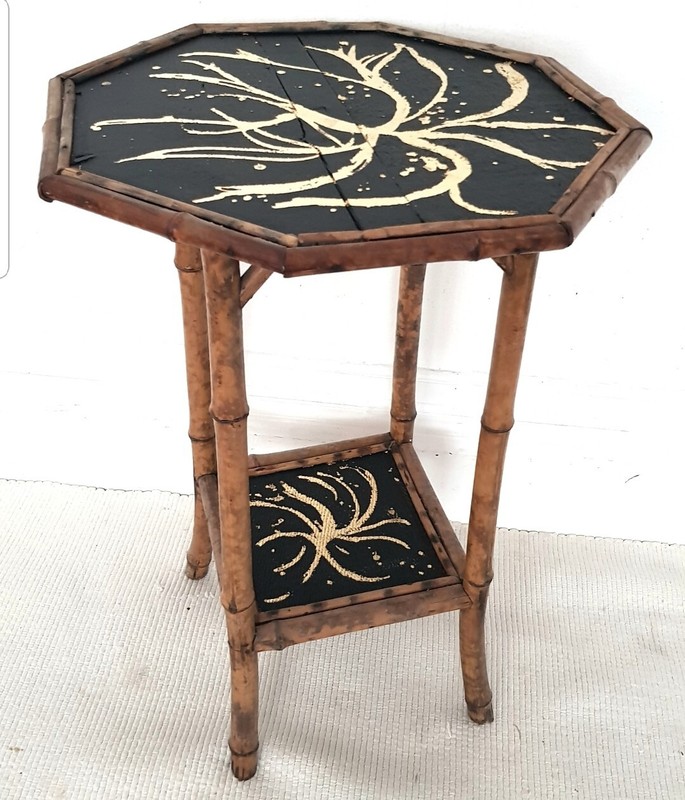 Antique Bamboo Lamp Table, Victorian Chinoiserie, Gold Leaf, Vintage Rattan.