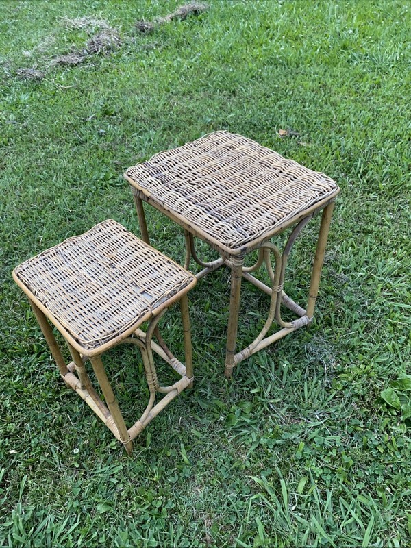 Very Bamboo Rattan Wicker Side NestingTable Rattan Stool Wicker Stand Lot 2 gallery