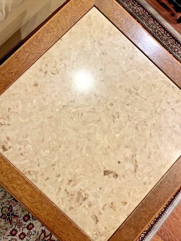 Vintage Travertine Marble Top Accent Side Table With Carved Wood Legs gallery