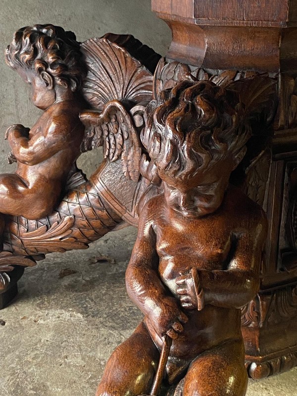 ARRIVES MARCH 2025: Large Antique French Dolphin/Cherub Dining Table with Leaf gallery