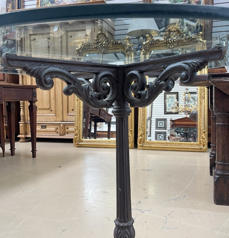 ANTIQUE FRENCH CAST IRON BISTRO/ PUB STYLE PEDESTAL TABLE W/ GLASS TOP gallery