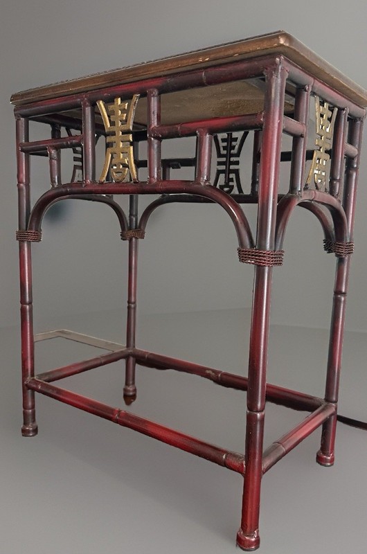 Chinese Faux Bamboo Side/Altar Table Rattan Top, Gilt Longevity (Shou 壽) Symbol gallery