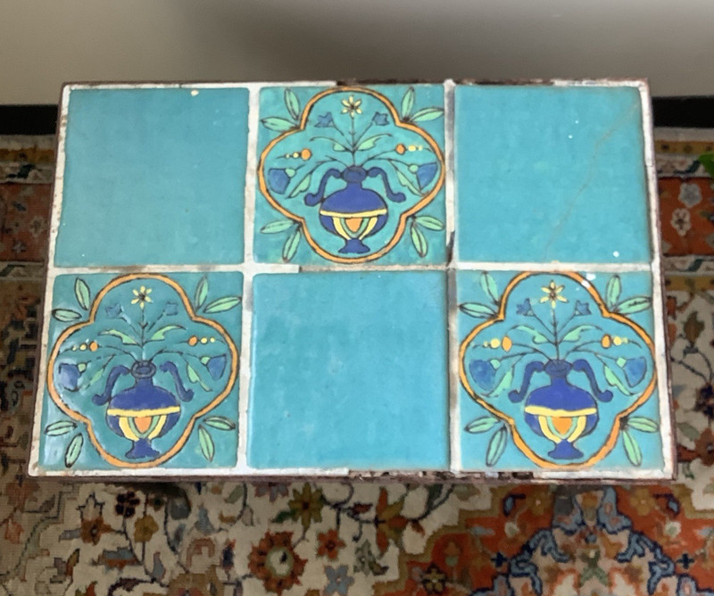 Vintage Wrought Iron Table Ceramic Painted Tiles, Project Piece As Is gallery