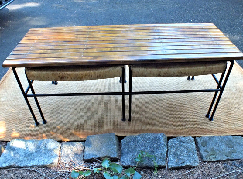 MCM Arthur Umanoff Bench with Iron Base and Two Nesting Stools gallery
