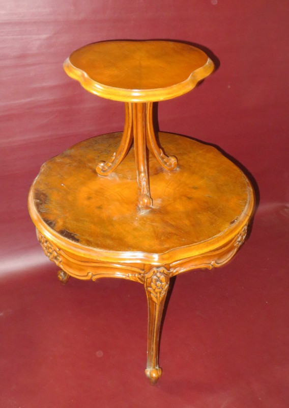 Antique 28.5" Tall American Burled Walnut Two-Tiered Occasional Table c. 1930 gallery