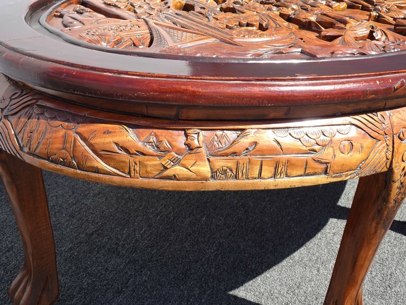 Vintage Chinese Asian Ornately Carved Golden Brown Coffee Table w Four Stools gallery