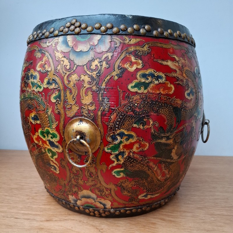 Vintage Antique Style Tibetan Ceremonial Drum Table Handpainted Dragon Wood gallery