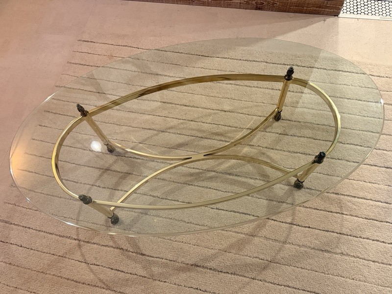 Vintage Labarge Hollywood Regency Brass & Glass Hooved Feet Coffee Table 60’MCM gallery