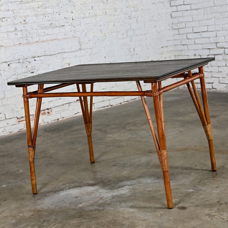 Mid 20th Island Style Rattan Dining Table with Ebony Stained Hardwood Top gallery