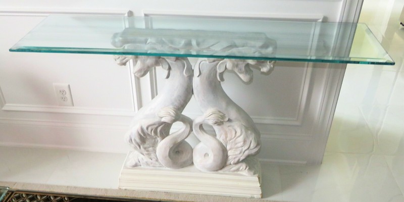 Vintage Hollywood Regency Chinoiserie Asian Dragons Statue Glass Console Table
