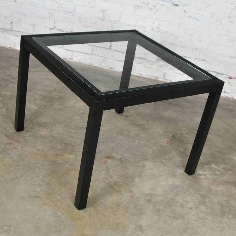 Vintage Blackened Oak Square Parsons Style Side Table with Glass Top gallery