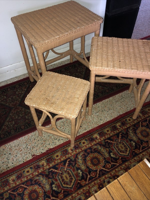 Vintage Coastal Woven Rattan Nesting Stacking Tables Boho Wicker Chic 3 Piece gallery