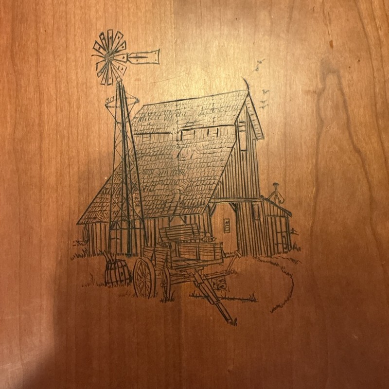 High Point Furniture Carved Cherry Tilt Top Table With Barn Etch Art! gallery