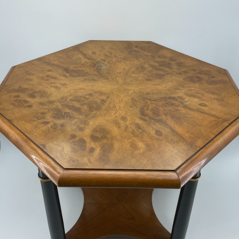 BAKER FURNITURE Octagonal Side Table Burl Wood Black Gold Accent Vintage 19x17 gallery