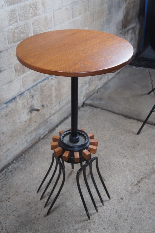 Handmade Oak Industrial Reclaimed Cast Iron Wagon Wheel Pitchfork Bistro Table gallery