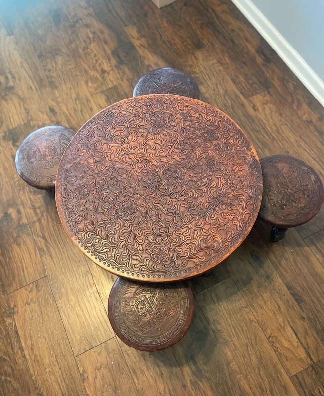 Rare Peruvian Hand Tooled Leather Wooden Coffee Table With 4 Stools Vintage