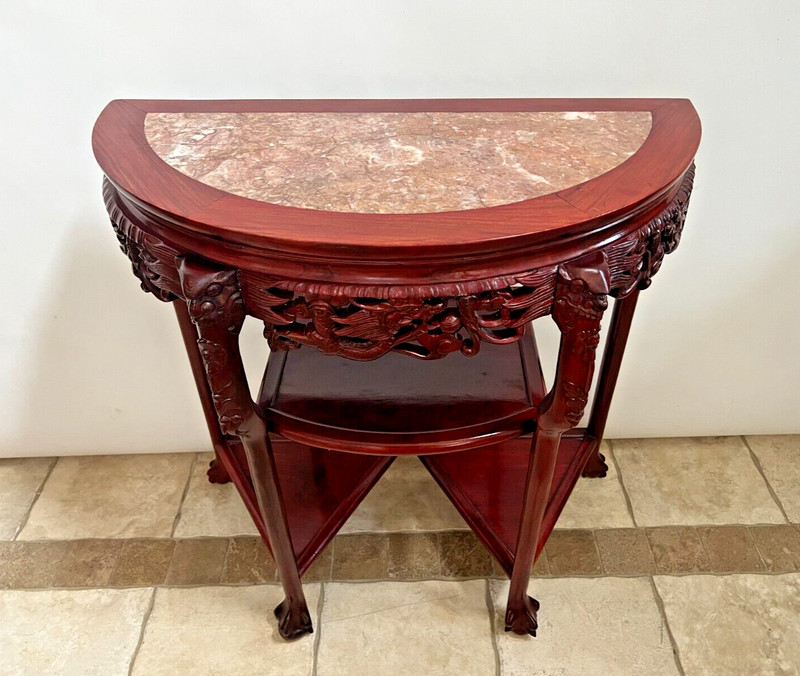 Vintage Demilune Console Table Three lower shelves carved claw feet Etagere gallery