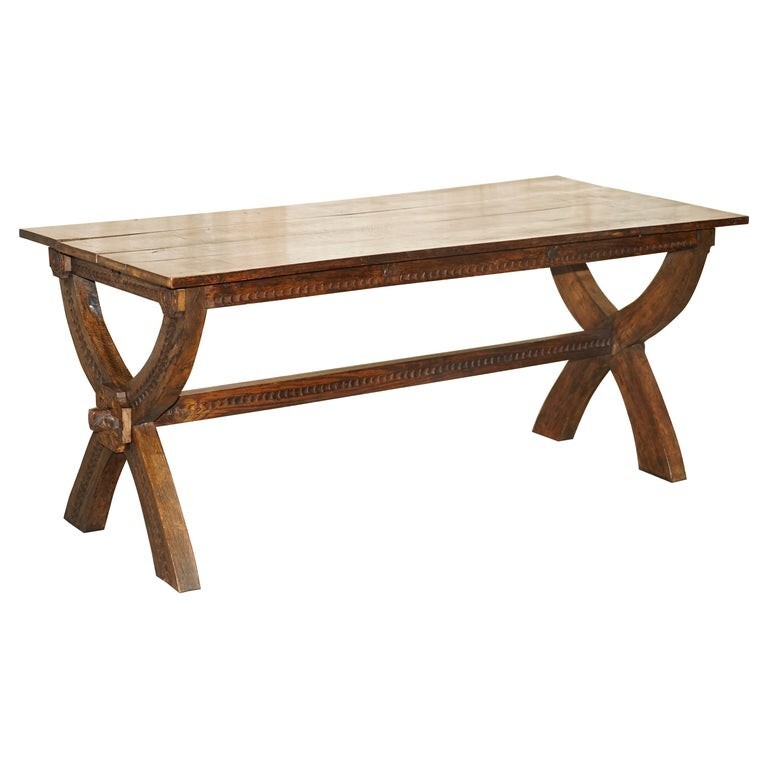 VINTAGE HAND CARVED CIRCA 1950’S TRESTLE DINING TABLE ENGLISH OAK JACOBEAN STYLE