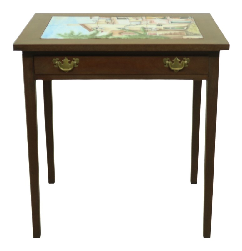 F53345EC: Hand Crafted Mahogany Occasional Table w. Hand Painted Tiled Top
